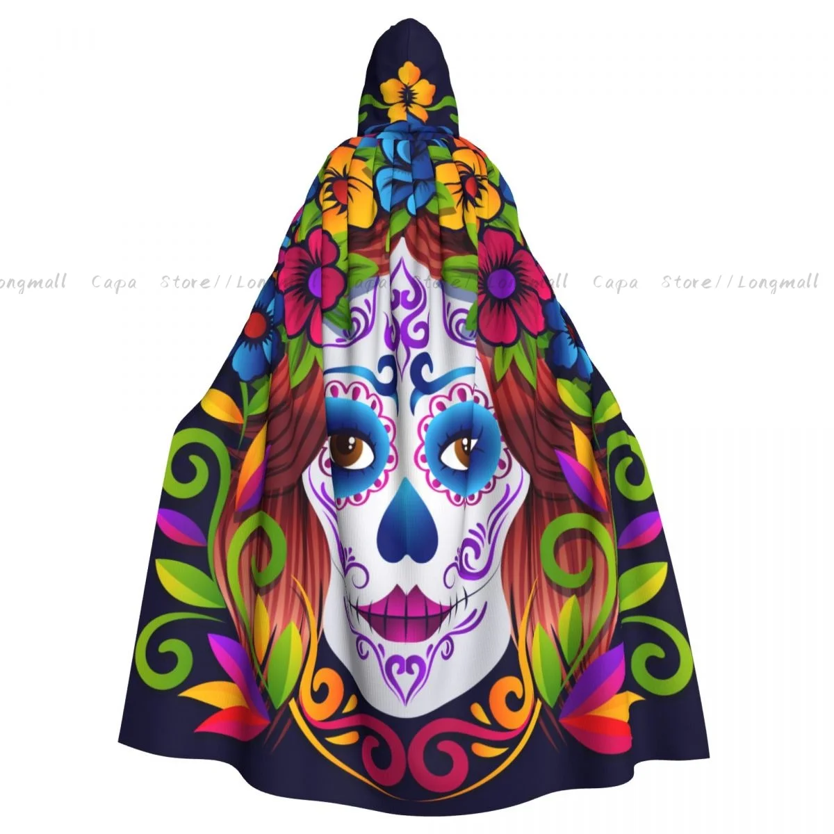 Sugar Skull La Catrina Hooded Cloak Coat Halloween Cosplay Costume Vampire Devil Wizard Cape Gown Party