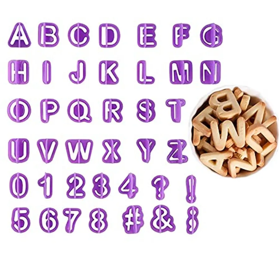 40pcs Alphabet Cookie Cutters Set Purple Plastic Letter Icing Cake Decorating Fondant Number Cutters Mould Tools for Sugarcraft