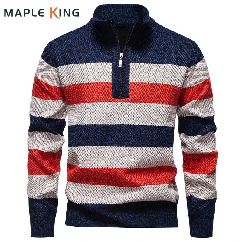 

Striped Patchwork Color Sweater Vintage Mens Sweatshirt 2025 Half Zipper Designer Warm Fleece Jerseys Man Pull Oversize Homme