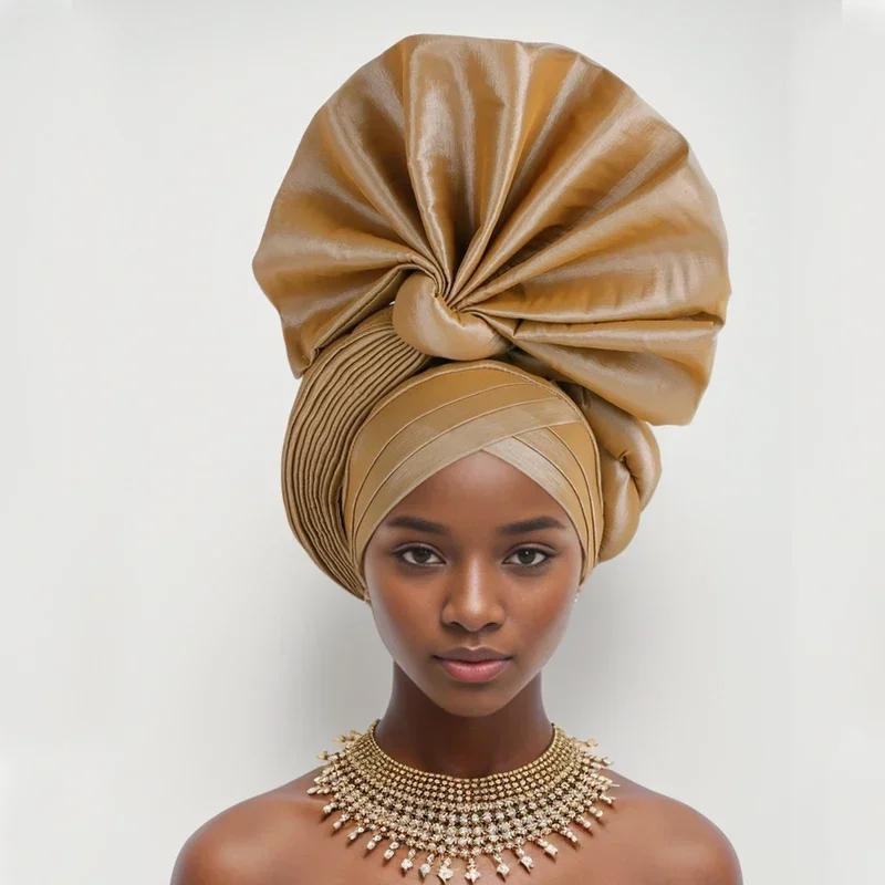 2024 African Female Turban Cap Women's Autogele Headtie Nigeria Raw Silk Fan Gele Wedding Party Head Wraps Headwear Turbante
