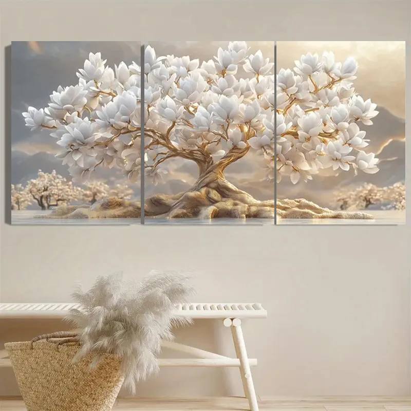 White Flower Tree and Golden Leaves 3Pcs Diamond Painting Triptych Diy Cross Stitch Full Drill Diamond Mosaic Art Embroidery