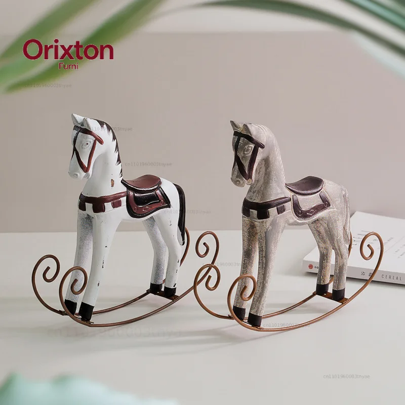 Wooden Rocking Horse Nordic Retro Vintage Colorful Small Wooden Horse Home Children's Room Decoration Desktop Ornaments