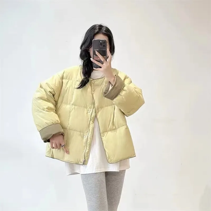 Women's Winter Top Coat Down Jacket White Duck Down Round Neck Contrasting Colors Thickened Warm Simple Comfortable Casual Soft
