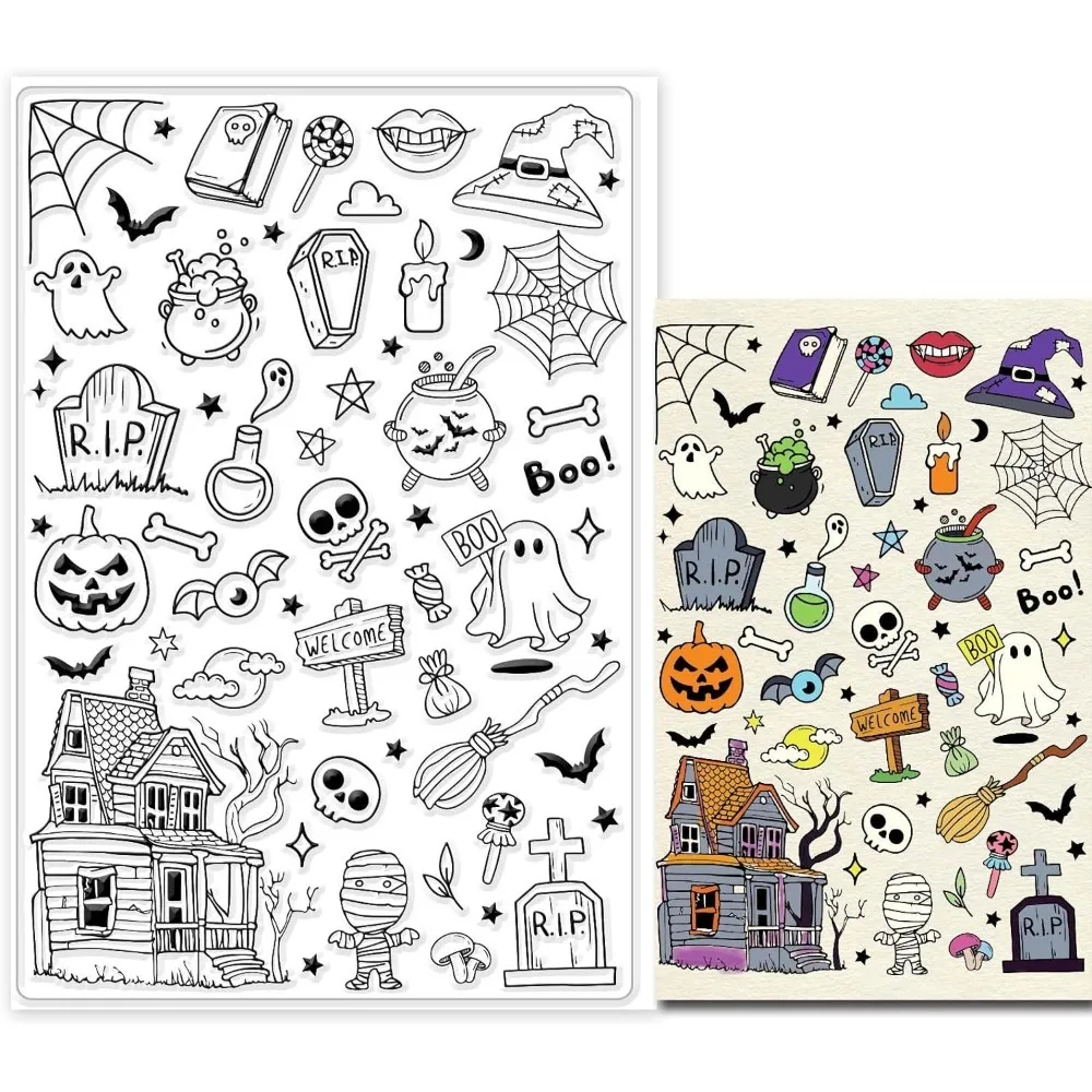 Halloween Ghost Clear Stamps for DIY Scrapbooking Pumpkin Zombie Tombstone Silicone Clear Stamp Seal Transparent Stamps for Card