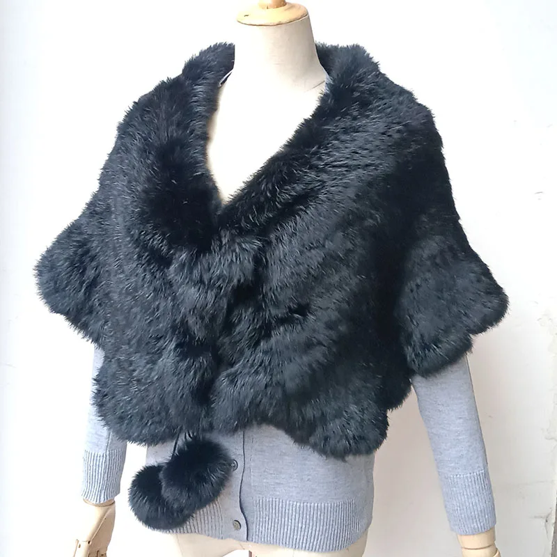 Women Warm Thick Real Rabbit Fur Wrap Shawl With Real Fur Pom pom Fashion Winter Luxury Genuine Fur Cape Female High Quality