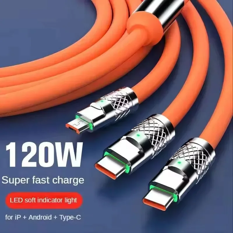 【From China】Factory Direct 3-in-1 120W Cable Durable Silica Gel LED Soft Light Fast Charge No Damage to Phones Ideal for Travel