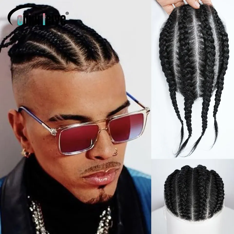 

Cornrow Box плетеный мужской парик из человеческих волос, полный парик из искусственной кожи, дышащая сменная система волос, протез для мужчин, накладной парик