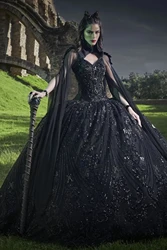 Black Charro Quinceanera Dresses with cape sleeve Sweetheart gothic cosplay Appliques Crystals Mexican Sweet 16 Dresses 15 Anos