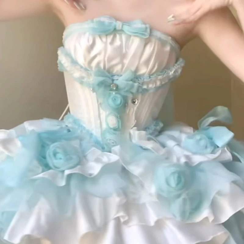 

Slim Bow Tube Top and Training Puffy Mini Skirt 2025 Sweet Princess Style Color Matching Outfit Women's Birthday Set sd22