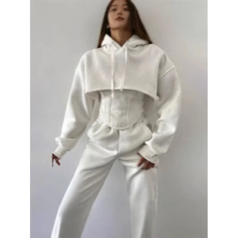 

New2025Spring and Autumn New Women's Hooded Sweatshirt Top Camisole Waist-Tied Long Pants Three-Piece Set