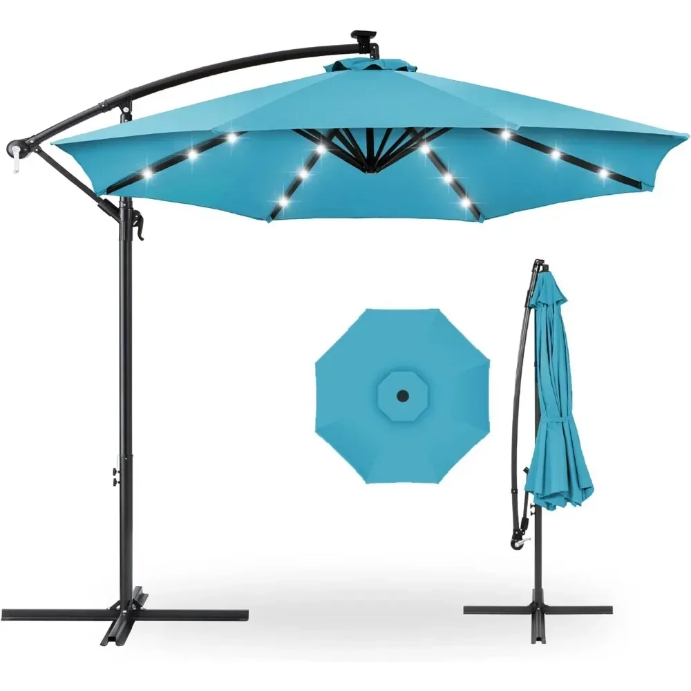 Sunshade Umbrella, Solar LED Offset Hanging Market Umbrella W/Easy Tilt Adjustment, 8 Ribs - 10ft Patio Shade Umbrella