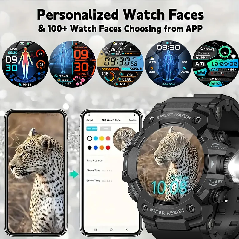 Classic Camouflage Style Outdoor Sports Men's Smartwatch, Flashlight Compass Call+Text Message Designed for Outdoor Enthusiasts