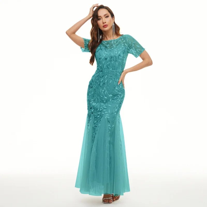Robe sirène élégante brodée de paillettes, vêtements d'été pour femmes, manches courtes, gaine, Maxi, longue, robe de bal de soirée, robe de soirée