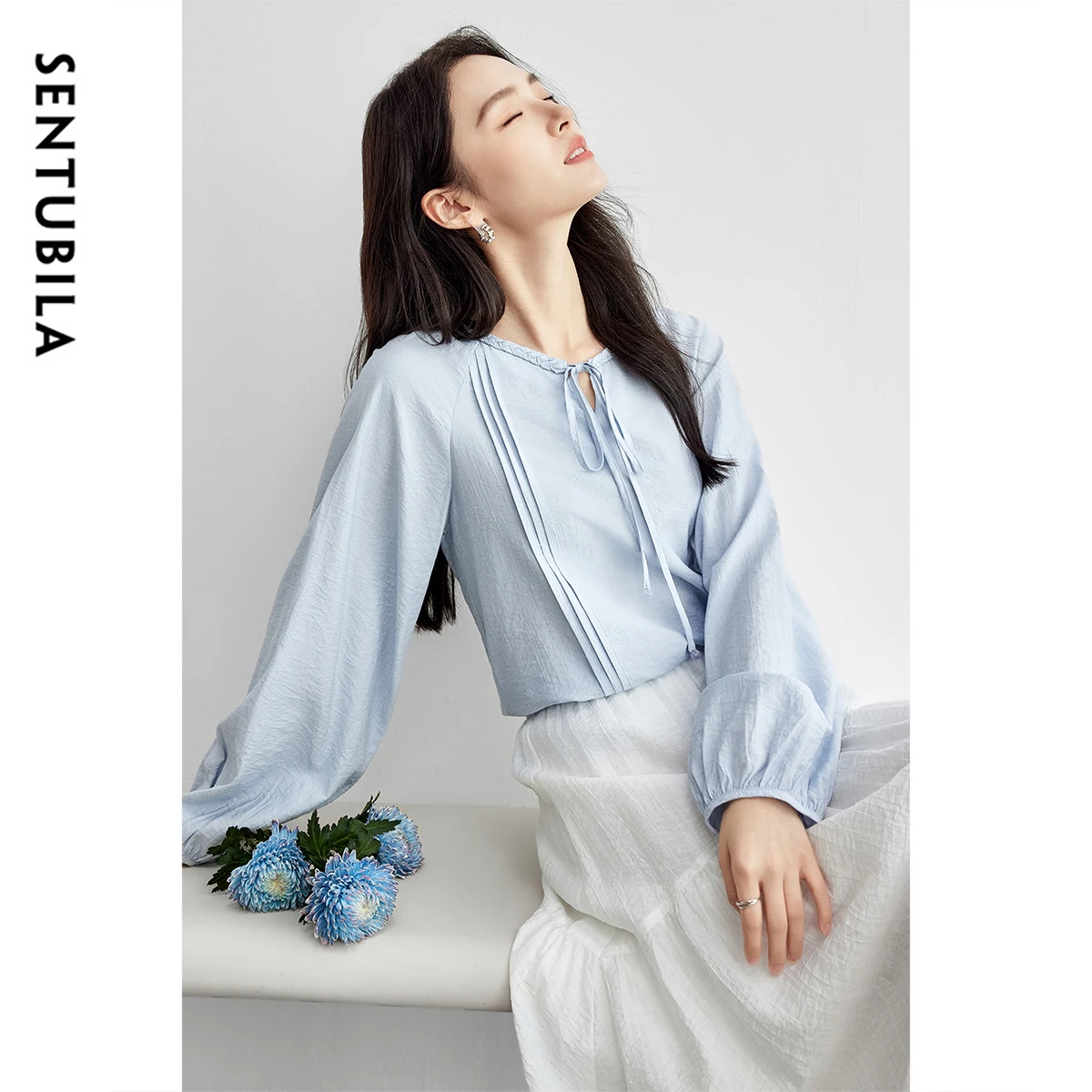 SENTUBILA Elegant Women's Blouses Lace-up Hollow-out Lantern Sleeve Sweet Commute Folds Shirts 2025 Spring New W51C58421