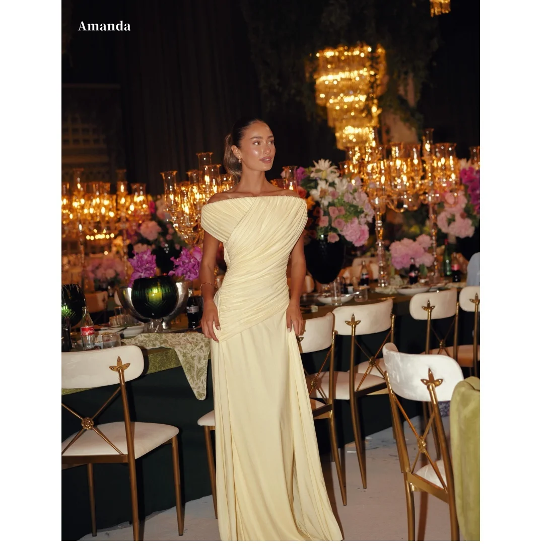 Amanda Customized Pale Yellow Off Shoulder Draped Ruched Floor Length Mermaid Formal Evening Prom Dress vestidos de noche 2026
