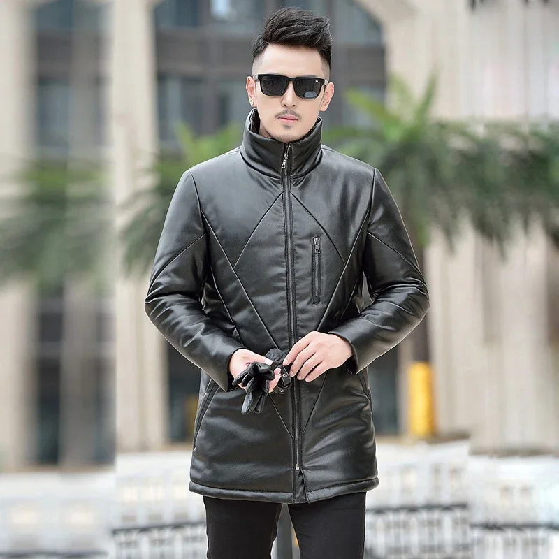 Winter Puffer Jacket Leather Jacket Mid To Long Style Leather Coat Down Jacket Men Slim Fit Casual Fashion Warm Sheepskin Coat