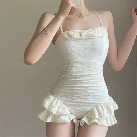 Sweet White Bow Ruffled Korean Fashion Swimwear Conservative One Piece Swimsuit Emboss Bathign Suit Holiday Beach Wear 2025