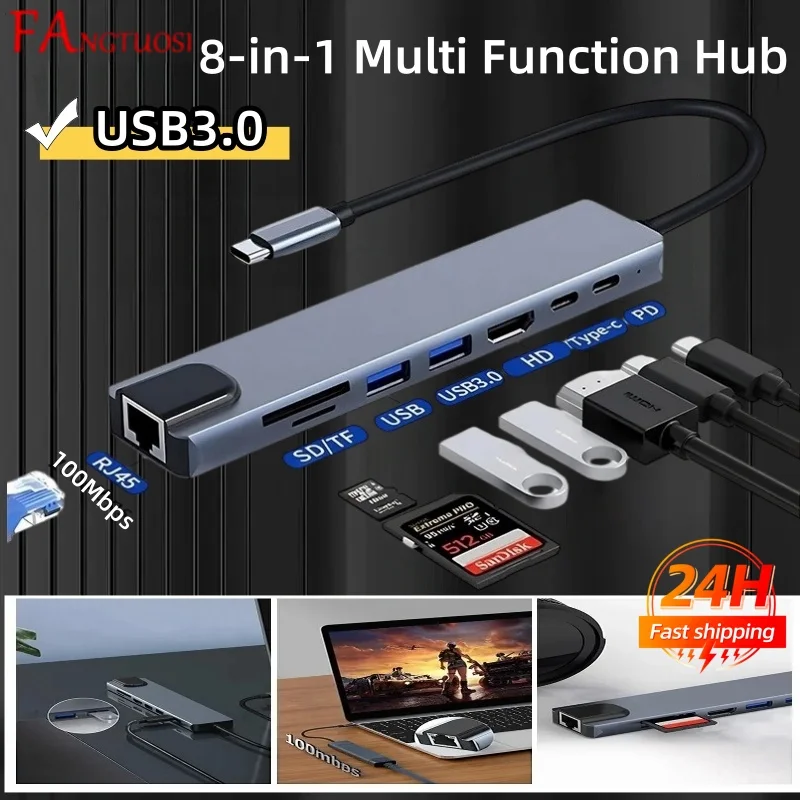 USB C Hub 8 In 1 Type C 3.1 To 4K HDTV Adapter with RJ45 100Mbps SD/TF Card Reader PD Fast Charge for MacBook Notebook Laptop
