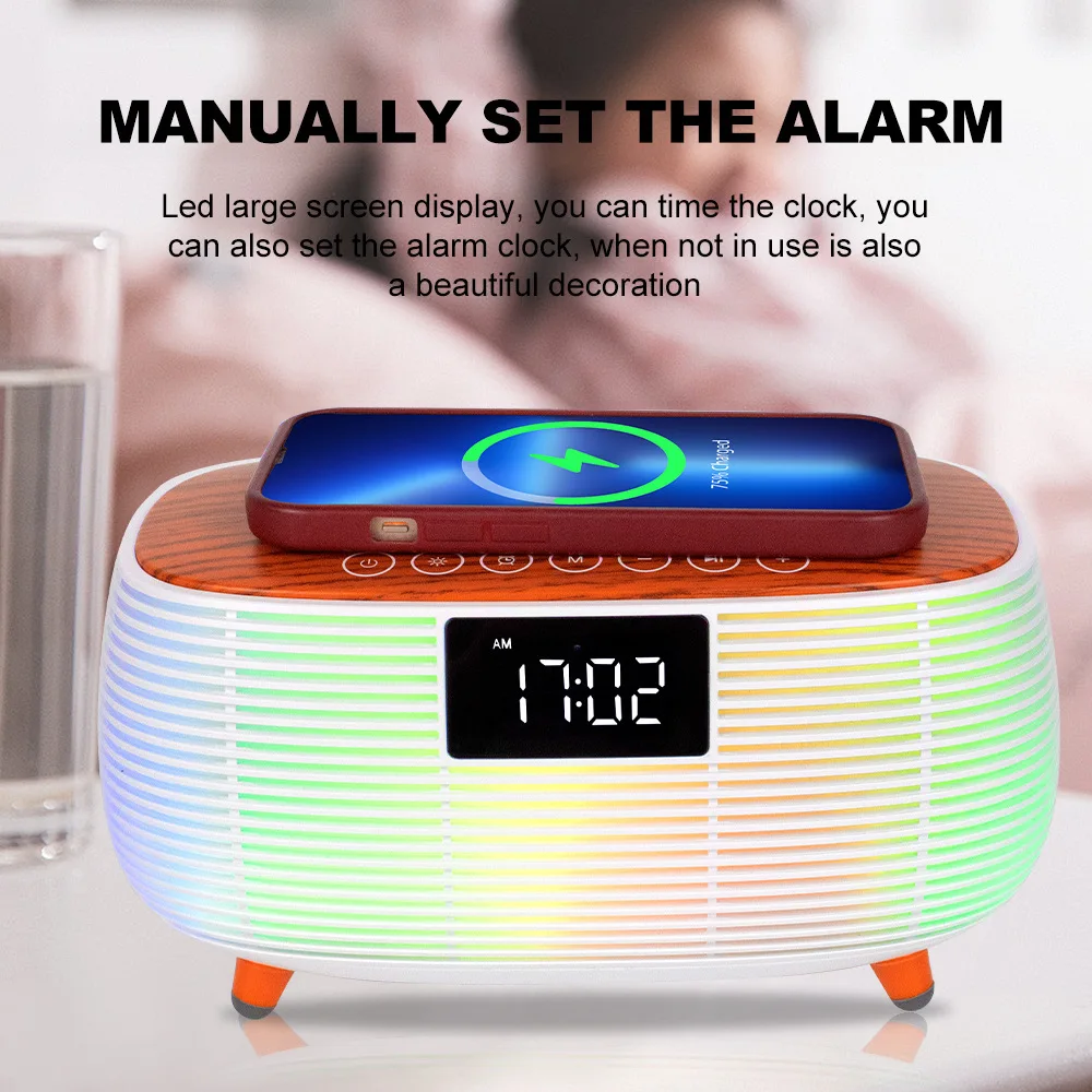 Bedroom Bedside Lamp Ambient Night Light Desktop Alarm Clock Multifunctional Bluetooth Speaker 15W Wireless Phone Fast Charging