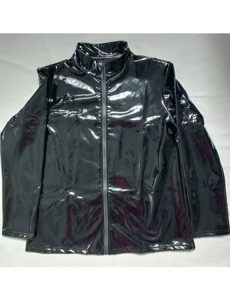 S-7XL Wet Look PVC Long Sleeve T Shirt Shiny PU Leather Jacket Coat Tights Hip Hop Performance Tees Motorcycle Tshirt Biker Tops