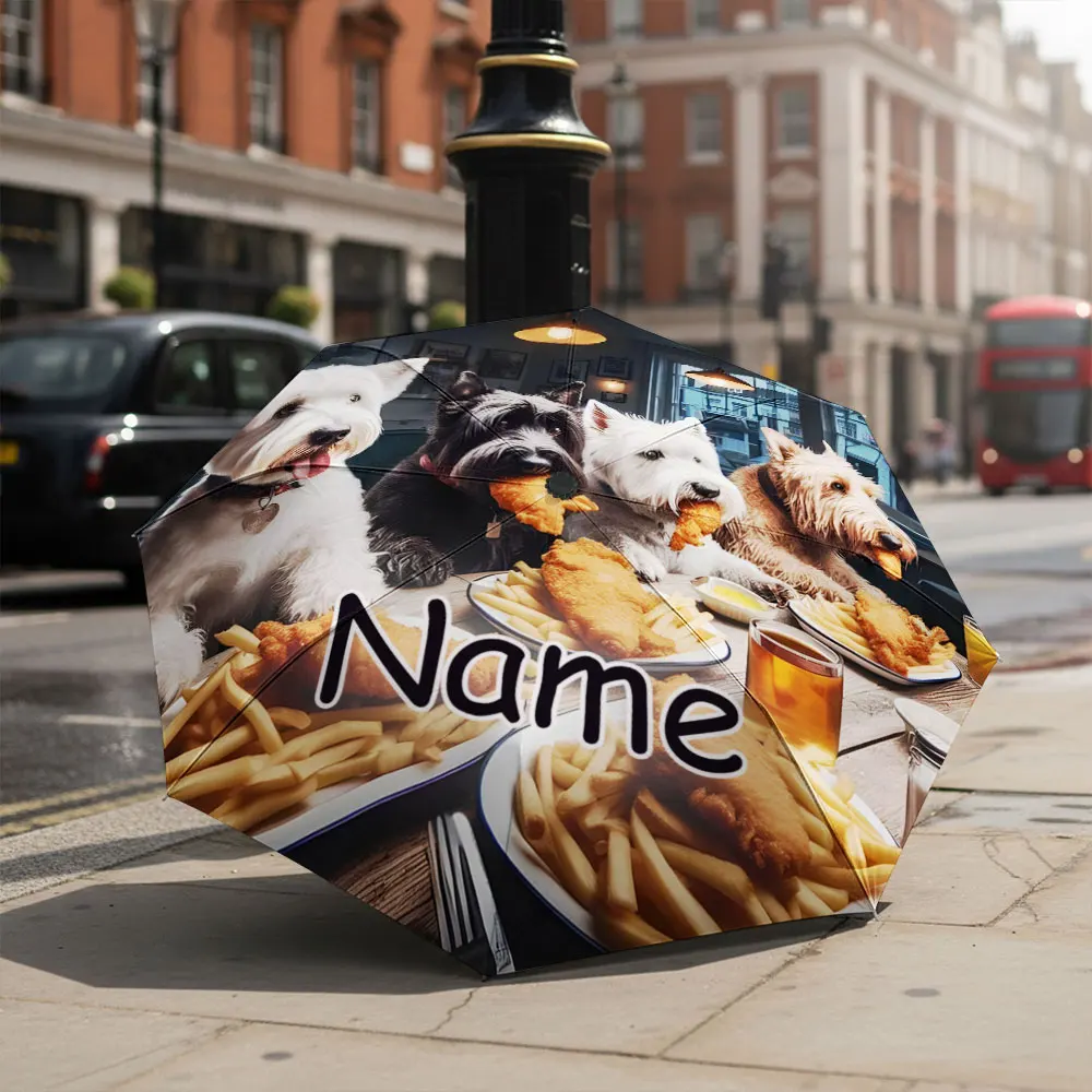 Custom Name umbrella,Cute Canines Enjoying Fish and Chips print Fashion Folding Umbrella for Sunny and Rainy, Christmas Gift