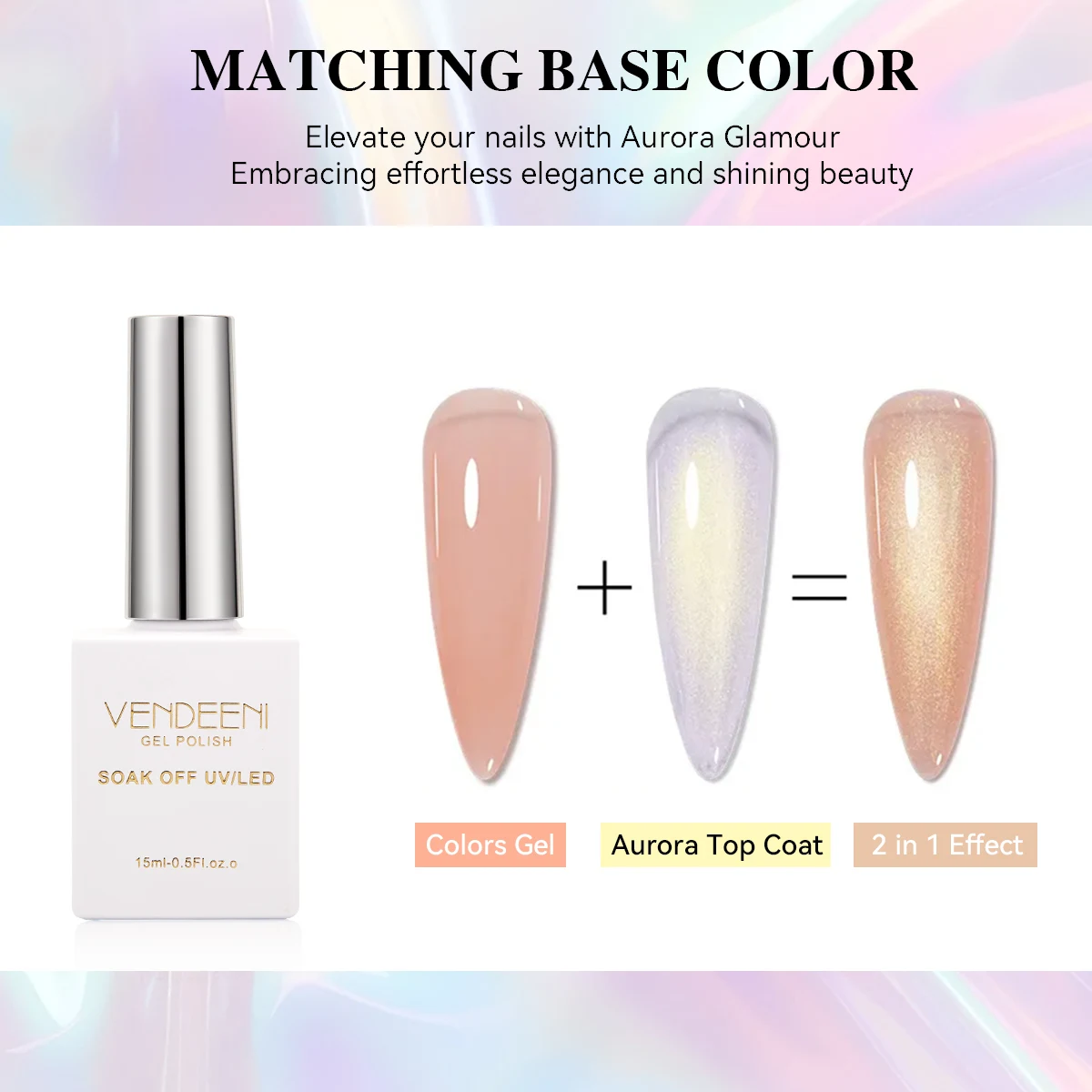 Vendeeni OEM marque privée logo de la marque beauté Aurora couche de finition Gel UV coloré paillettes Art ongles 15ml couche de finition Aurora Gel couche de finition