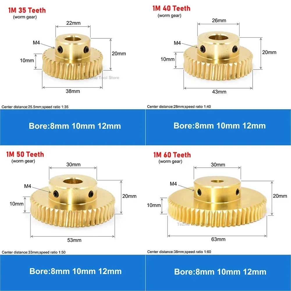 1Pcs 1M 15T-60T 황동 웜기어 휠 스테인레스 스틸 웜로드 1 계수 15 치아-60 치아 웜기어 보어 5/6/8/10/12mm