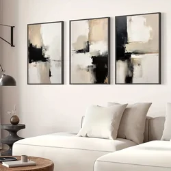 Set Of 3 Contemporary Abstract Art Painting, Black Beige Minimalist Wall Poster, Canvas Print, Modern Home Living Room Bedroom O