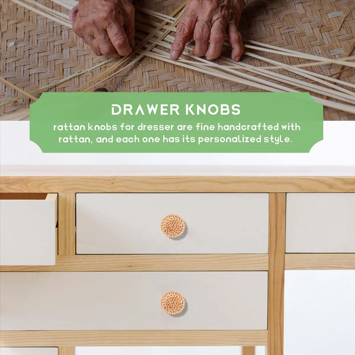 ABFS Boho Rattan Dresser Knobs Round Wooden Drawer Knobs Handmade Wicker Woven and Screws for Boho Furniture Knobs 12Pcs