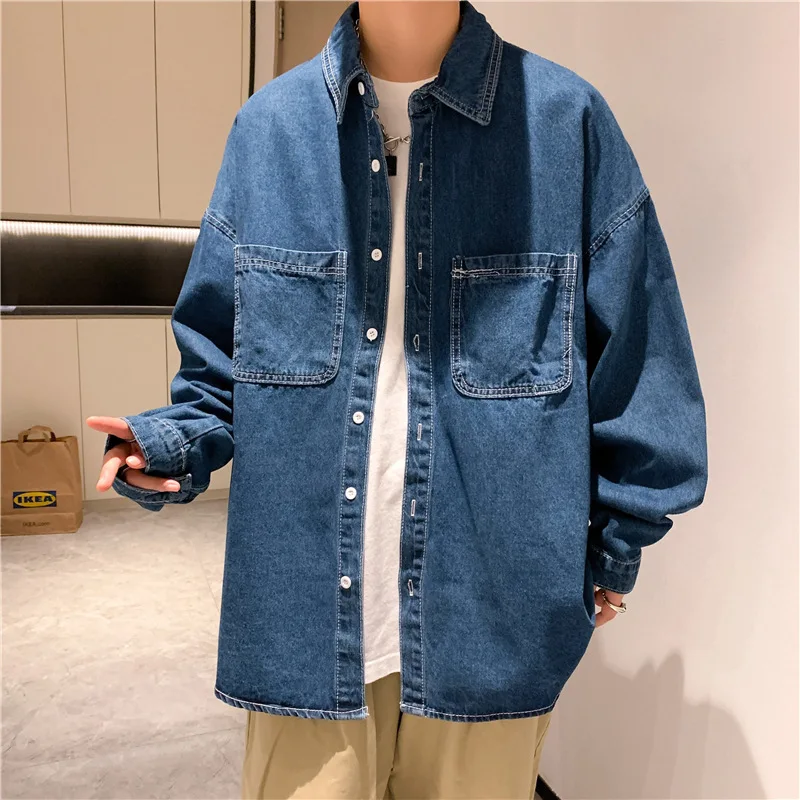Denim Long-sleeved Shirt Men's Solid Color Autumn Korean Style Trendy Simple Shirt Hong Kong Style Loose and Handsome Ins Jacket