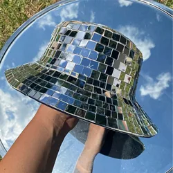 Stunning Disco Ball Hats Glitter Mirror Disco Bucket Hat for DJ Glitter Sequins Bucket Hat Cap for Club Stage Bar Party Dance