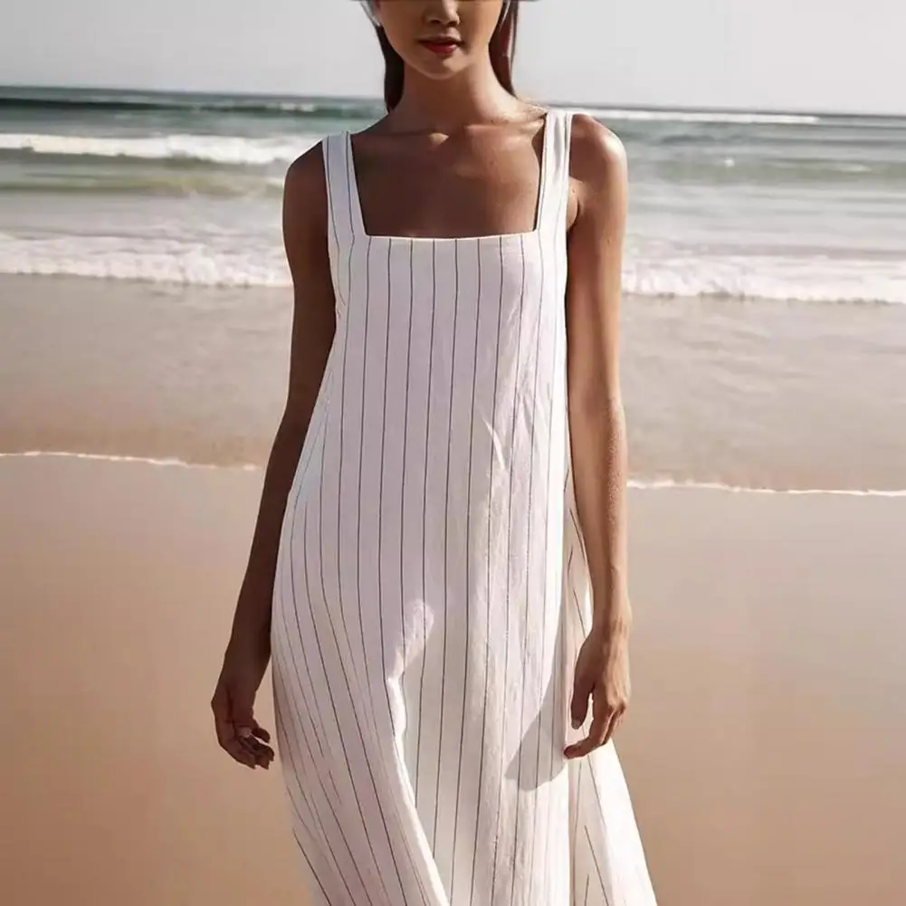 

Women Square Neck Dress Striped Square Neck Maxi Dress for Women A-line Beach Sundress for Wear Dating Ankle Length Summer