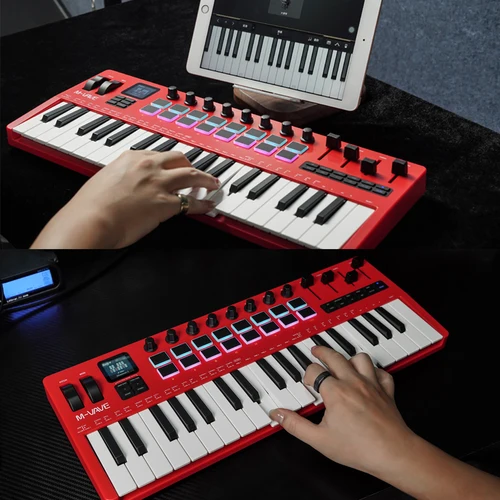 M-VAVE SMK-37 Pro controlador MIDI rojo de 37 teclas con 16 almohadillas RGB 8 perillas sintetizador incorporado instrumentos de teclado portátiles digitales