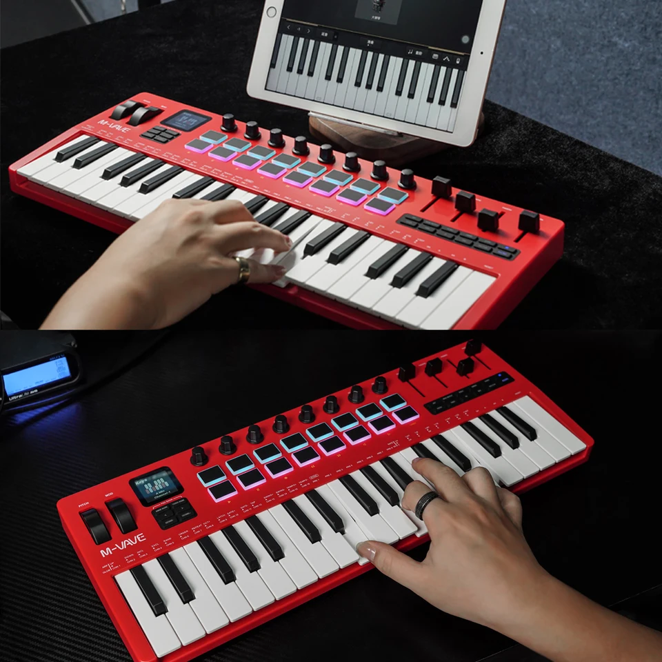 M-VAVE SMK-37 Pro 37鍵レッドMIDIコントローラー、16個のRGBパッド、8