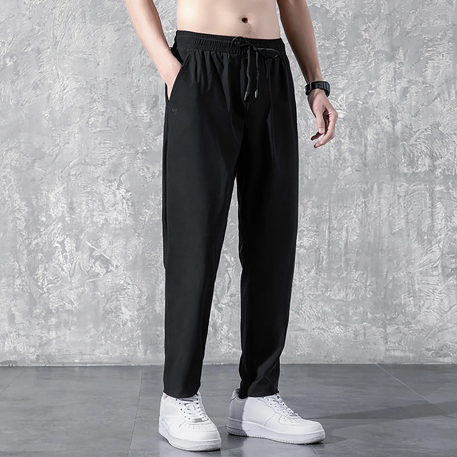 

Men's Summer Cool Feeling Ice Silk Sport Pants 2024 Quick-drying Baggy Trousers Solid Color Black High Waist Casual Sweatpants