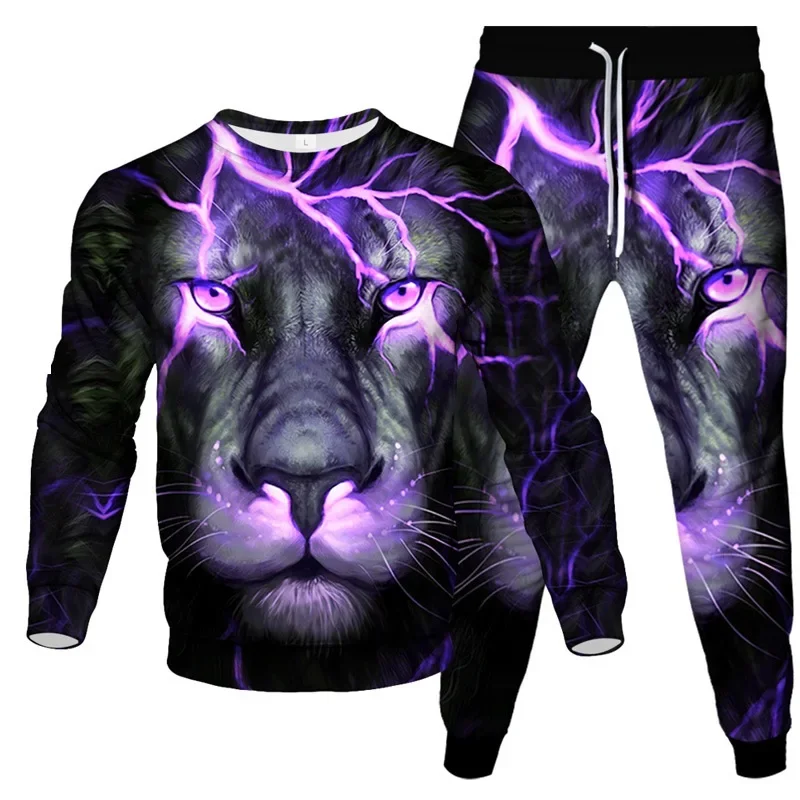 Tracksuit 2 Piece Suit Spring Autumn Fashion Sweatshirt Trousers Casual Animal Lightning Lion 3D Print Men Outoor Clothes Set