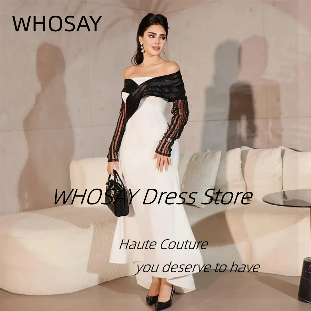 

WHOSAY Boat Neck Prom Dresses Contrast Color Black Long Sleeves Evening Gowns Saudi Arabia Women Special Party Formal Dress