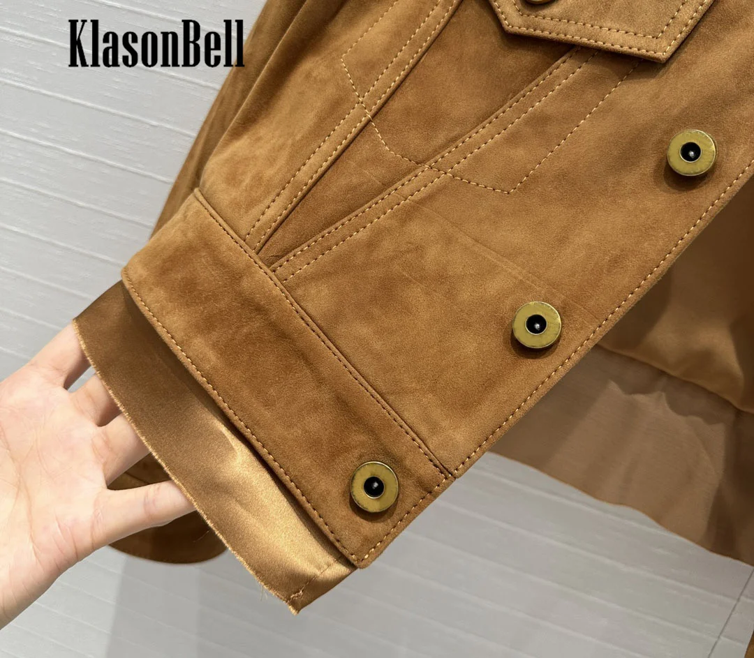 7.11 KlasonBell Letter Embroidery Vintage Kid Suede Lapel Short Jacket For Women Frayed Spliced Sheepskin Straight Outerwear