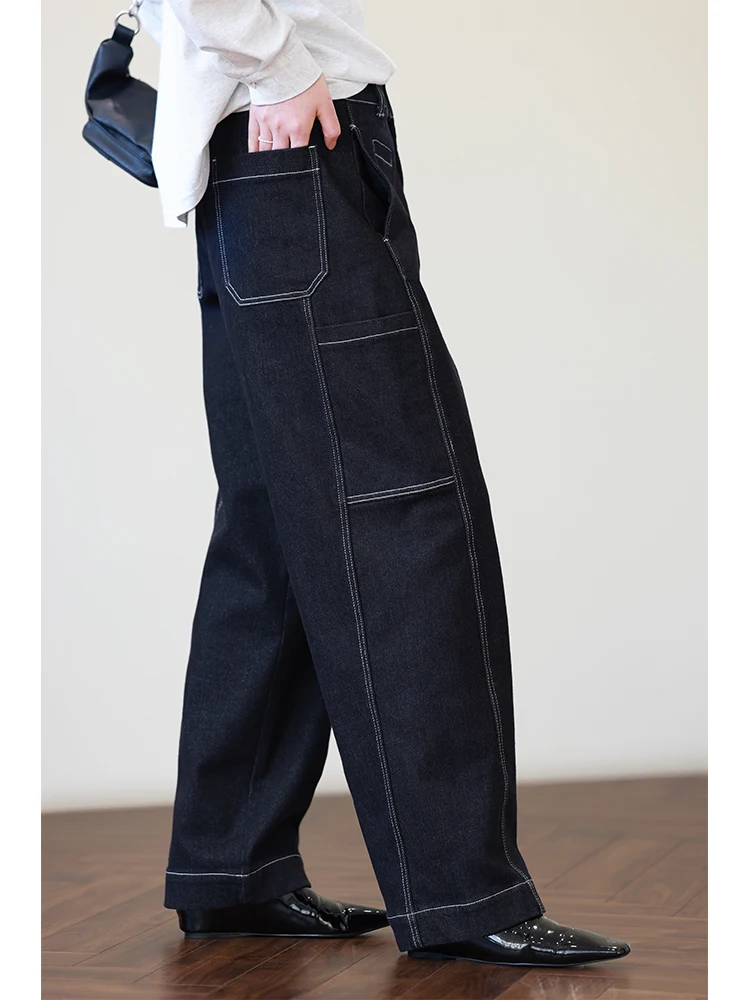 

Женские джинсы-стрейч с высокой талией, прямые, с вышивкой, цвет темно-синий, оригинальный дизайн Fce, зимние