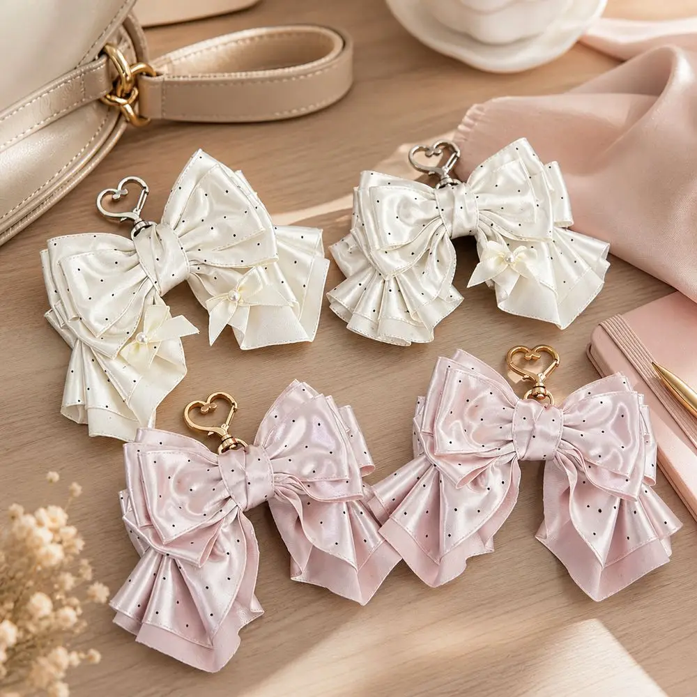 Handmade Polka Dot Bow Keychain Satin Ribbon Polka Dot Pattern Satin Ribbon Bag Pendant Sweet Girly Style Bow Bag Charm