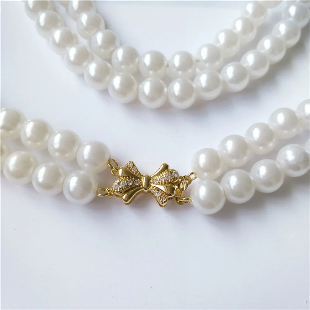 2-Row Bow Micro Inlaid Zirconium AAA 8-9mm South Sea White Pearl Necklace Bracelet Button 925s 18-20inch
