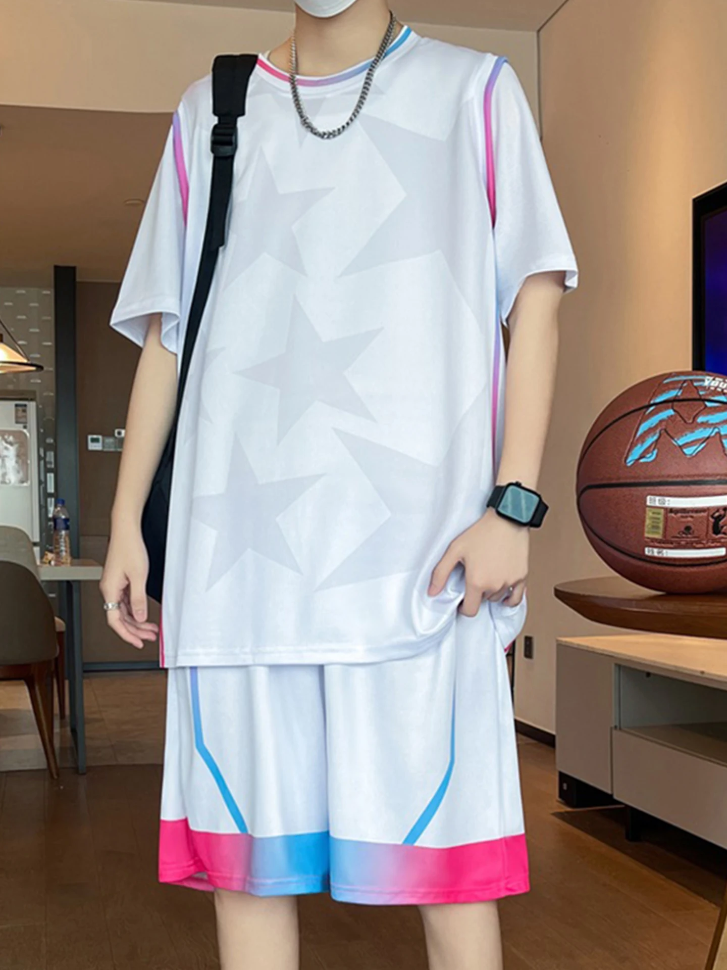 アイスシルク速乾バスケットボールユニフォーム半袖tシャツ-ティーンエイジャー向け-夏用スポーツセット-ポリエステル繊維-カジュアルウェア