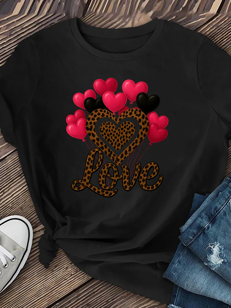 

1 шт.: Летние милые футболки для девочек на День святого Валентина с принтами в виде мультяшных сердец и воздушных шаров