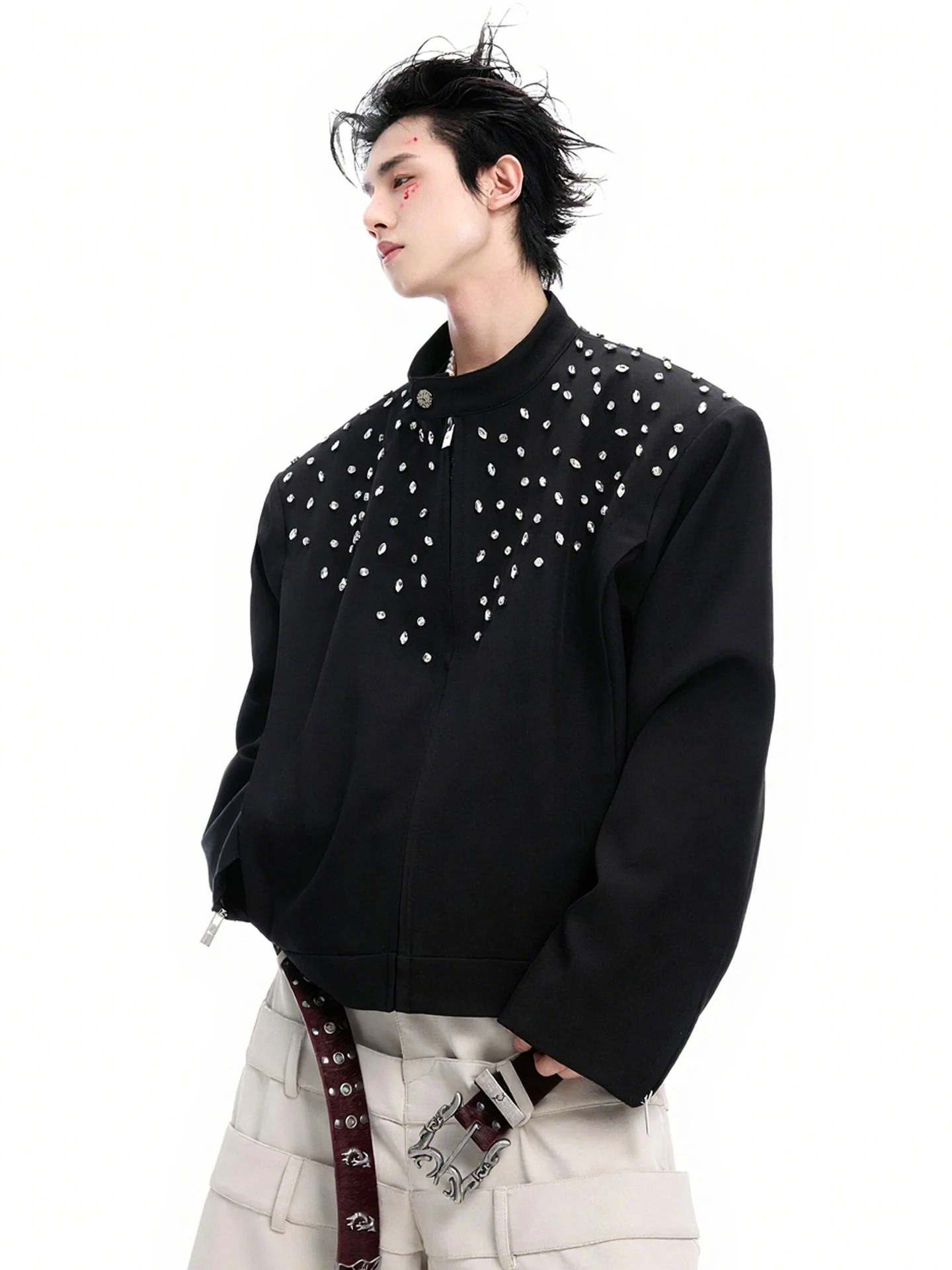 2025 Autumn New High-end Heavy-duty Rhinestone Short Jacket Zipper Long Sleeve Loose Casual Stylish Couple Coat Trendy Men