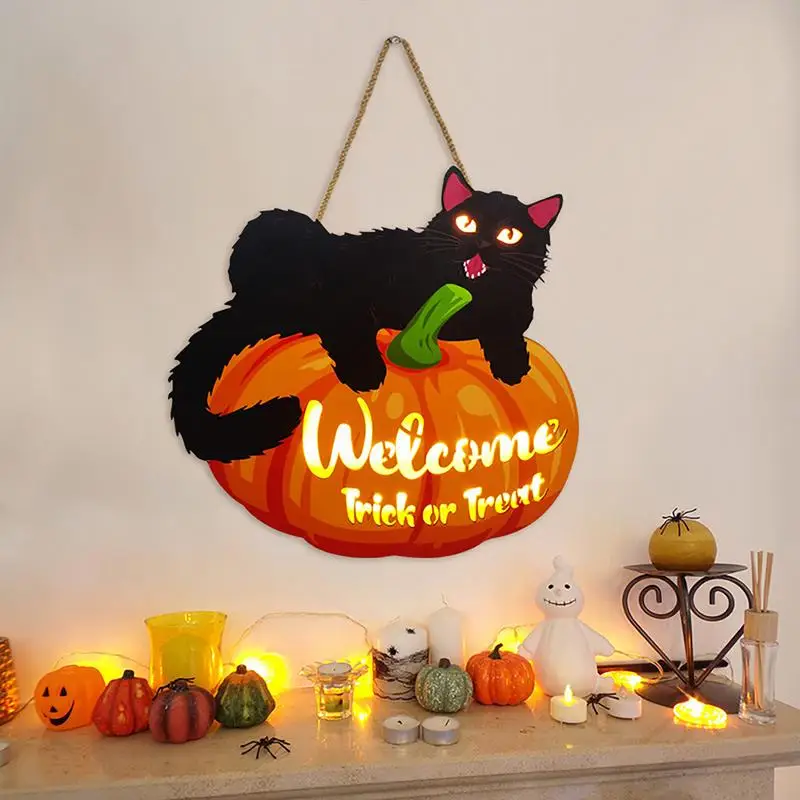 Wood Halloween Pumpkin Sign Glowing Black Cat Wall Decor Trick Or Treat Sign For Indoor Outdoor Farmhouse Wall Window Decor