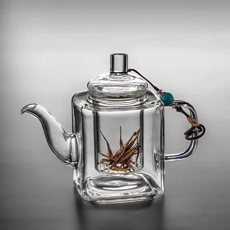 Chinese Style Square Glass Teapot Tea Strainer Explosion-Proof Thickened High-Temp. Resistance Single Tea Pot for Afternoon Tea