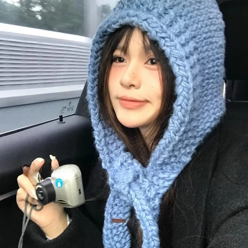 Winter hat Cute beanie Women\'s Knitted Hood Scarf Warm Ear Protection Cold Windproof Cap Winter Fashion Woolen Pullover Hat