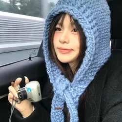 Winter hat Cute beanie Women's Knitted Hood Scarf Warm Ear Protection Cold Windproof Cap Winter Fashion Woolen Pullover Hat