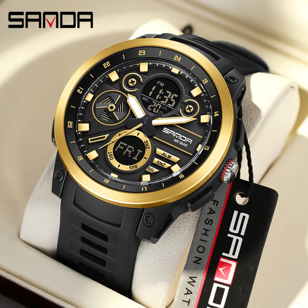 SANDA 3379 New Men's Electronic Watch Military Sports Multifunctional Waterproof Night Light LED Dual Display Men's Watch