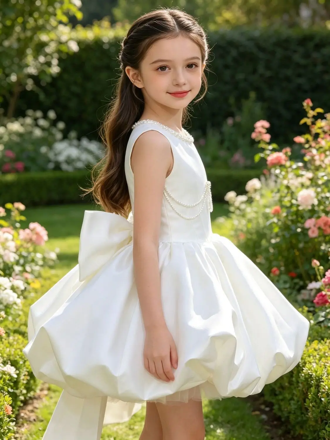 Girls White Satin Dress Fluffy Skirt Wedding Flower Girl Birthday Host Performance Costume 2026 New